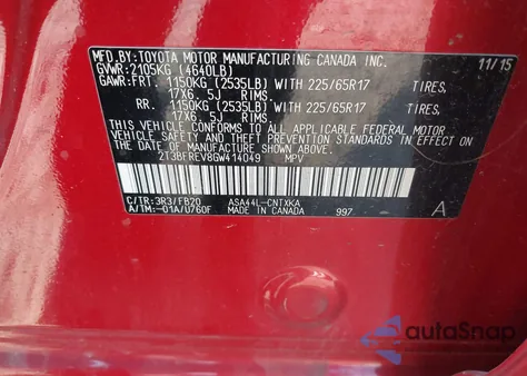 2016 Toyota Rav4 Le z USA, uszkodzony, nr VIN 2T3BFREV8GW414049